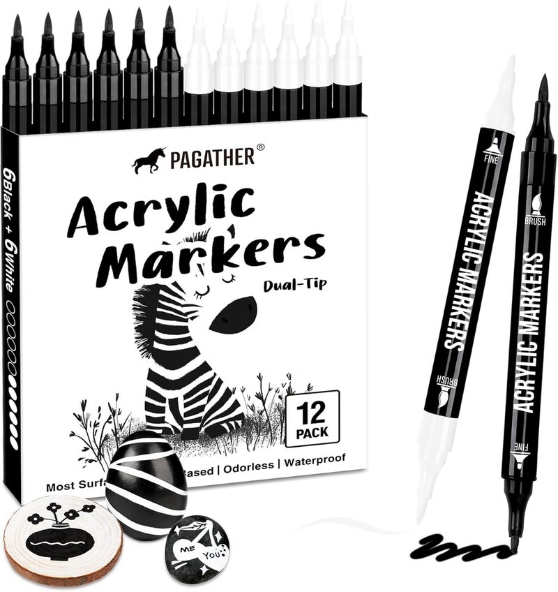 Pagather Black and White Acrylic Paint Markers, 12 Pack Dual Tip with Fine Tip and Brush Tip Pens for Stone, Wood, Calligraphy, Canvas, Ceramic, Metal, Glass, Rock Painting, DIY Crafts - Image 1
